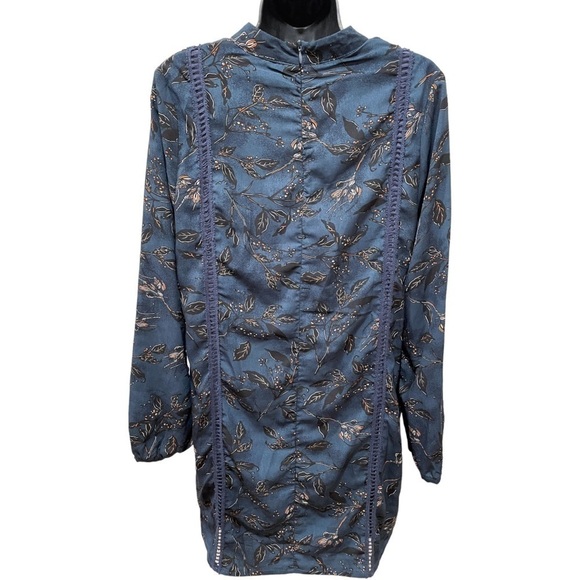 Paper Crane Navy Floral Print Choker Shift Style Dress Long Sleeve Zip Back Med - Picture 5 of 13